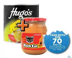 Check Star Black Cat Peanut Butter 1kg Hugo's Mixed Fruit Jam 900g offer