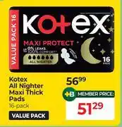 Dis-Chem Kotex All Nighter Maxi Thick Pads Value Pack-16 Pack offer