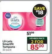 Dis-Chem Lil-Lets Smartfit Tampons-For 2 x 32 Pack offer