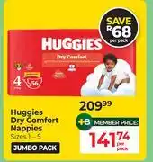 Dis-Chem Huggies Dry Comfort Nappies (Sizes 1-5) Jumbo Pack- Per Pack offer