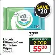 Dis-Chem Lil-Lets Ultimate Care Feminine Wipes-For 2 x 20 Pack offer
