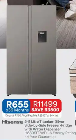 OK Furniture Hisense Titanium Silver Side-by-Side Freezer-Fridge with Water Dispenser offer