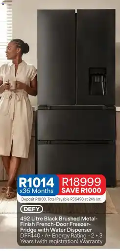 OK Furniture DEFY 492 Litre Black Brushed Metal-Finish French-Door Freezer-Fridge with Water Dispenser offer
