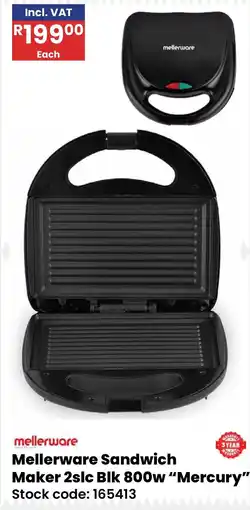 Africa Cash and Carry Mellerware Sandwich Maker 2slc Blk 800w "Mercury" offer