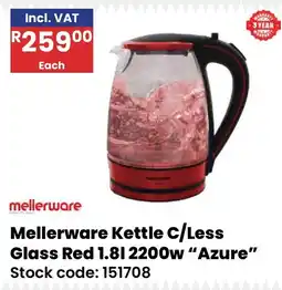 Africa Cash and Carry Mellerware Kettle C/Less Glass Red offer