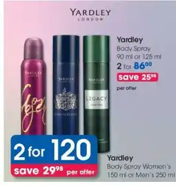 Clicks Yardley Body Spray 90 ml or 125 ml offer