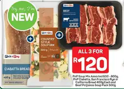 Pick n Pay PnP Soup Mix Assorted, PnP Ciabatta, San Francisco Rye or California Bread and Beef Potjiekos Soup Pack offer
