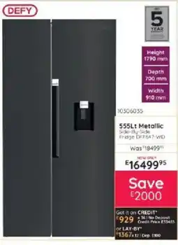 Bradlows DEFY 555Lt Metallic Side-By-Side Fridge DFF647-WD offer