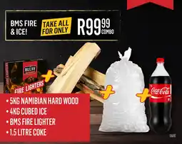 Bluff Meat Supply Namibian hard wood, Cubed ice, BMS fire lighter and Coke offer