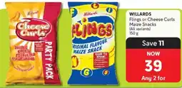 Makro Willards Flings or Cheese Curls Maize Snacks offer
