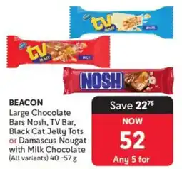 Makro Beacon Large Chocolate Bars Nosh, TV Bar, Black Cat Jelly Tots or Damascus Nougat with Milk Chocolate offer