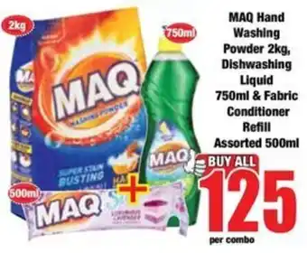 Boxer MAQ Hand Washing Powder 2kg, Dishwashing Liquid 750ml & Fabric Conditioner Refill Assorted 500ml offer