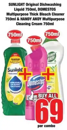Boxer Sunlight Original Dishwashing Liquid, Domestos Multipurpose Thick Bleach Cleaner & Handy Andy Multipurpose Cleaning Cream offer