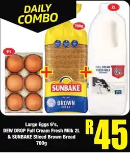 Boxer Large Eggs 6's, DEW DROP Full Cream Fresh Milk 2L & SUNBAKE Sliced Brown Bread 700g offer