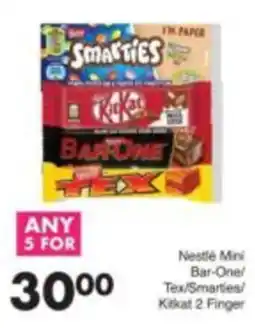 Save Nestlé Mini Bar-One/ Tex/Smarties/ Kitkat 2 Finger offer