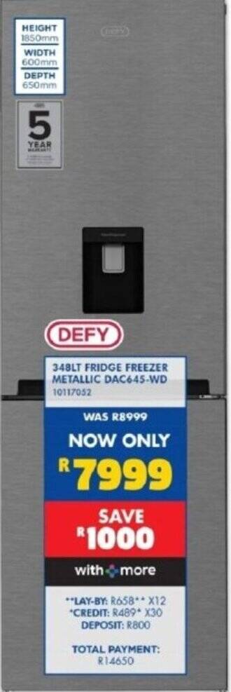 DEFY 348LT FRIDGE FREEZER METALLIC offer at Russells