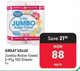 Makro GREAT VALUE Jumbo Roller Towel 2-Ply 150 Sheets 4's offer