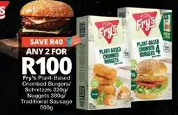 Checkers Fry's Plant-Based Crumbed Burgers/Schnitzels/Nuggets/Traditional Sausage offer