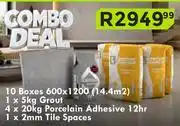 K Carrim 10 Boxes 600x1200 (14.4Sqm), 5Kg Grout, 4x20Kg Porc Adhesive (12Hr) & 2mm Tile Spacer Combo Deal offer