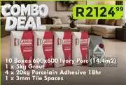 K Carrim 10 Boxes 600x600 Ivory Porc, 5Kg Grout, 4x20Kg Porc Adhesive (18Hr) & 3mm Tile Spacer Combo Deal offer