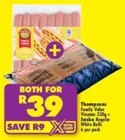 Shoprite Thompsons Family Value Viennas + Sasko Regular White Rolls offer