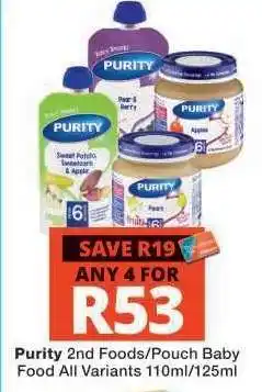 Checkers Purity 2nd Foods/Pouch Baby Food offer