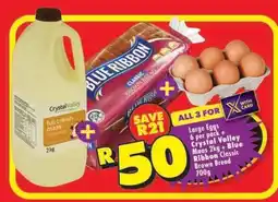 Shoprite Large Eggs 6 per pack + Crystal Valley Maas 2kg + Blue Ribbon Classic Brown Bread 700g offer