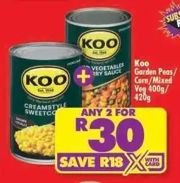 Shoprite Koo Garden Peas/Corn/Mixed Veg 400g/420g offer
