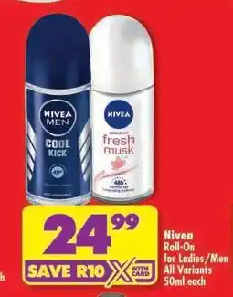 Shoprite NIVEA ROLL-ON FOR LADIES/MEN all variants 50ml each offer