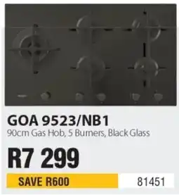 Hirsch's GOA 9523/NB1 90cm Gas Hob, 5 Burners, Black Glass offer