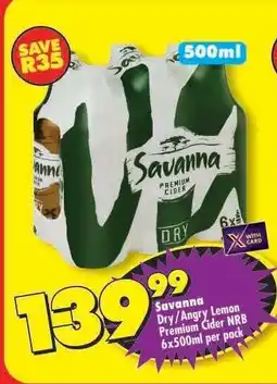 Shoprite Savanna Dry/Angry Lemon Premium Cider NRB 6x500ml per pack offer