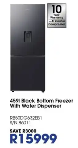 Hirsch's 459l Black Bottom Freezer With Water Dispenser offer