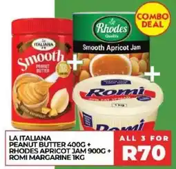 1UP LA ITALIANA PEANUT BUTTER + RHODES APRICOT JAM + ROMI MARGARINE offer