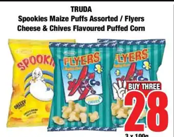 Boxer TRUDA Spookies Maize Puffs Assorted / Flyers Cheese & Chives Flavoured Puffed Corn offer