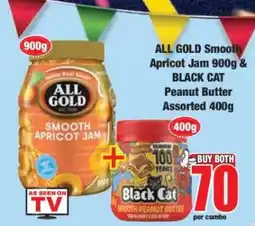 Boxer ALL GOLD Smooth Apricot Jam 900g & BLACK CAT Peanut Butter Assorted 400g offer