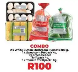Food Lover's Market White button mushroom punnet, sweetcorn prepack, green pepper thriftpack, tomato thriftpack offer