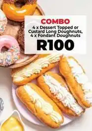 Food Lover's Market 4 x dessert topped or custard long doughnuts, 4 x fondant doughnuts offer