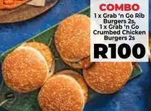 Food Lover's Market Grab 'n go rib burgers 2s, grab 'n go crumbed chicken burgers 2s offer