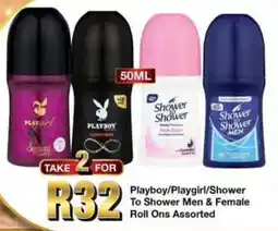 Take 'n Pay Playboy/Playgirl/Shower To Shower Men & Female Roll Ons Assorted offer