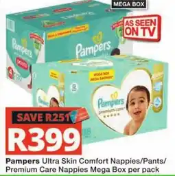 Checkers Pampers Ultra Skin Comfort Nappies/Pants/Premium Care Nappies Mega Box offer