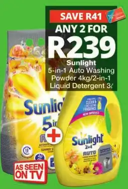 Checkers Sunlight 5-in-1 Auto Washing Powder 4kg/2-in-1 Liquid Detergent 3l offer