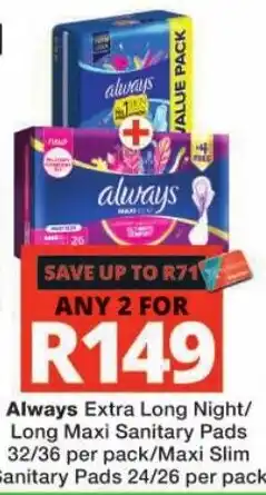 Checkers Always Extra Long Night/Long Maxi Sanitary Pads offer