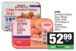 Spar SPAR Crumbed Chicken Spicy Wings, Strips, Bites with Cheese or Burgers with Cheese offer
