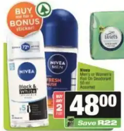 SuperSpar Nivea Men's or Women's Roll On Deodorant Assorted offer