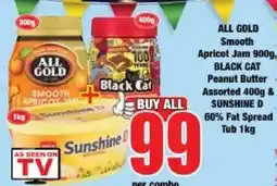 Boxer All Gold Smooth Apricot Jam & Black Cat Peanut Butter Assorted & Sunshine D 60% Fat Spread offer