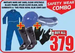Boxer Build Matsafe Hard Hat Sabs, Clear Spectacle Black Frame, Nylon Glove Black, Bata Gumboots & Two Piece Royal Blue Conti Suit offer
