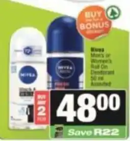 SuperSpar Nivea Men's or Women's Roll On Deodorant Assorted offer