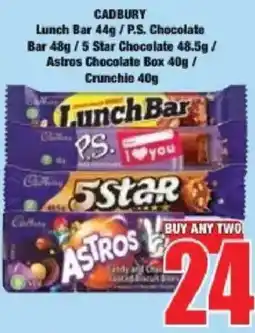 Boxer Cadbury Lunch Bar / P.S. Chocolate Bar / 5 Star Chocolate / Astros Chocolate Box / Crunchie offer
