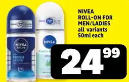 Usave NIVEA ROLL-ON FOR MEN/LADIES offer