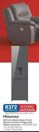 OK Furniture Hisense - 263 litre black glass-finish bottom-freezer fridge with water dispenser hq70dbmb-wd offer
